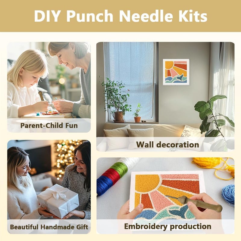 DOODLREAM Bohemian Sun and Ocean DIY Punch Needle Embroidery Kit for Adult Beginner, 9.4" Sun Wave Punch Stitching Craft Set for Starter with Frame, Fabric Pattern, Threader, Yarn, Pinch Needle - Image 4